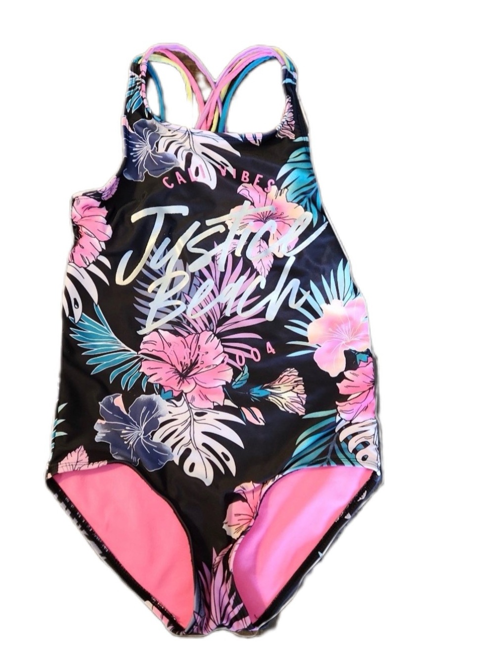 Justice Girls Black Floral One-Piece Swimsuit with Pink & Teal Accents